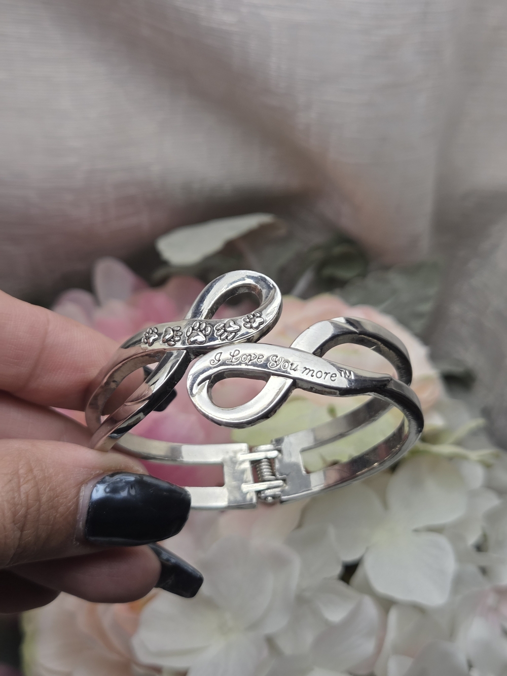 Silver Infinity 'I Love You More' Paw Accent Hinged Bracelet